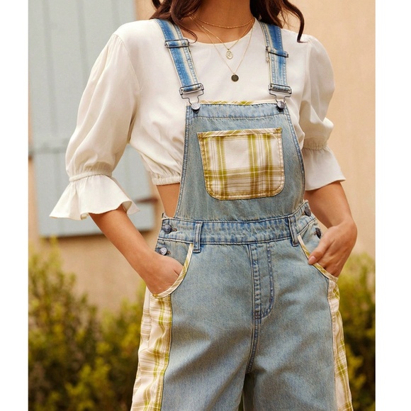 Light Wash Plaid print Pockets Straight Leg Denim Jeans Overalls - Picture 4 of 5